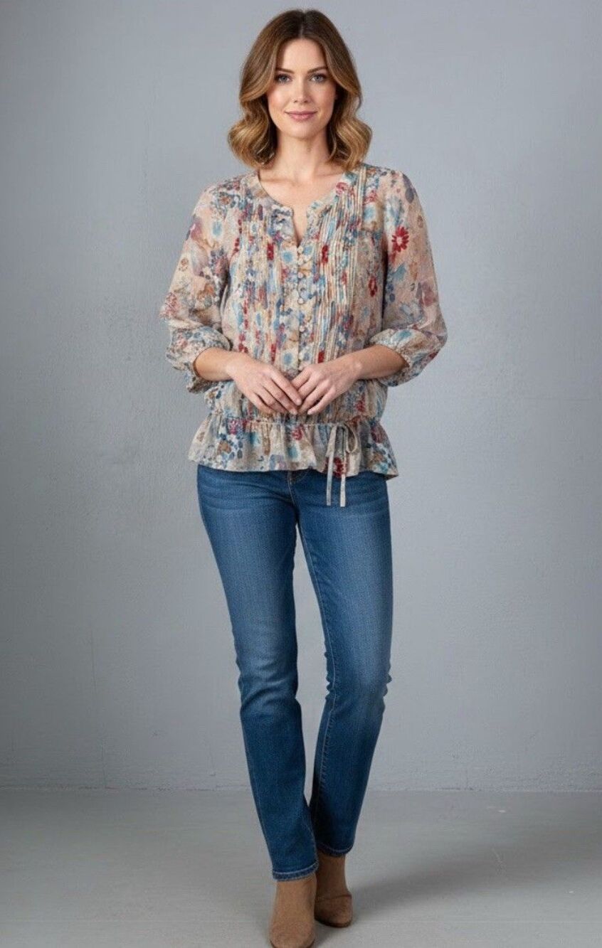 Ana a new approach Floral print blouse size L sheer V neck pintucks adjustable